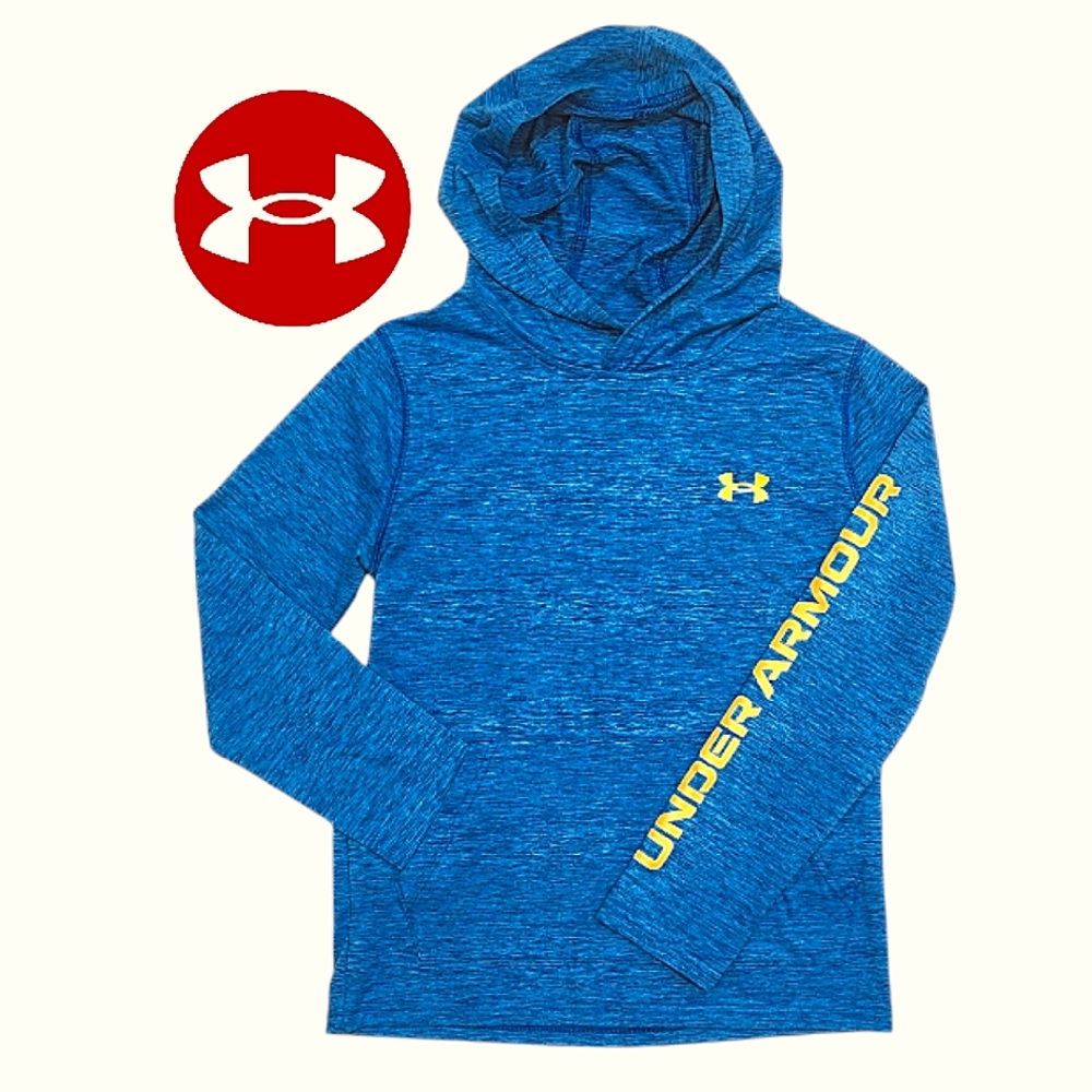 Under Armour Tech Shirt Hooded Long Sleeve Logo Heathered Blue Youth Sz Lrg